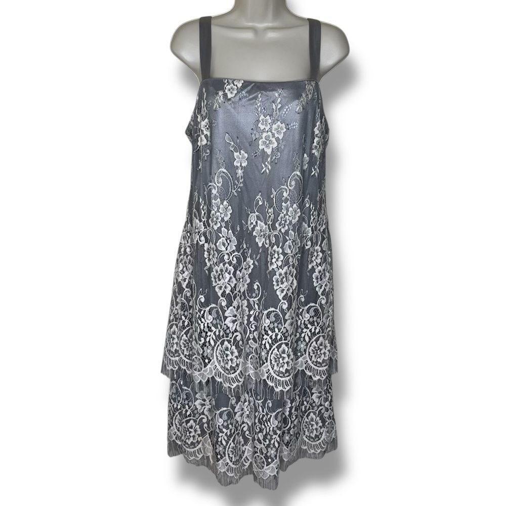 R&M Richards Silver Cream Lace Tiered Dress Satin Ribbon Straps Lined Women 16